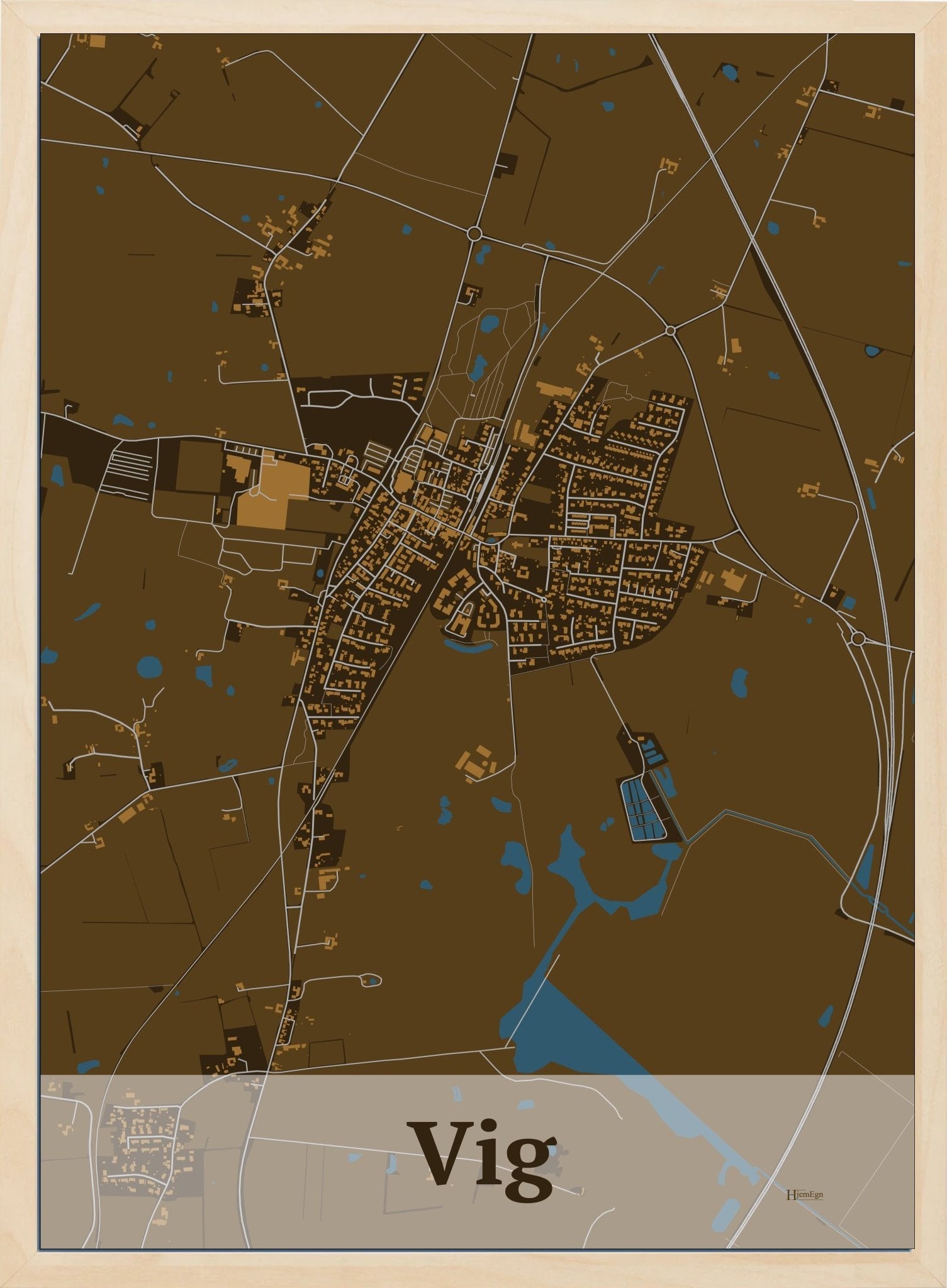 Vig plakat i farve mørk brun og HjemEgn.dk design firkantet. Design bykort for Vig