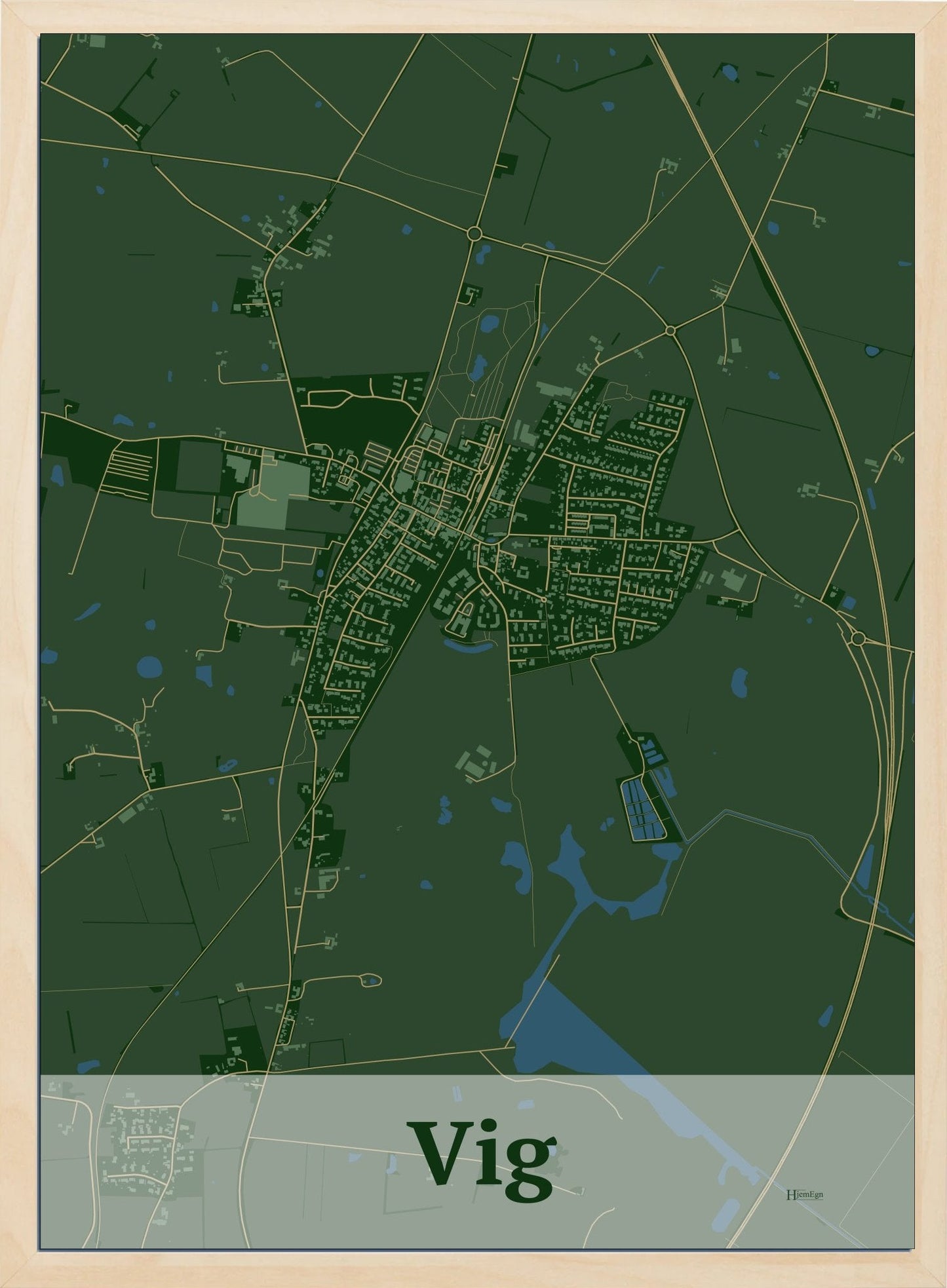 Vig plakat i farve mørk grøn og HjemEgn.dk design firkantet. Design bykort for Vig