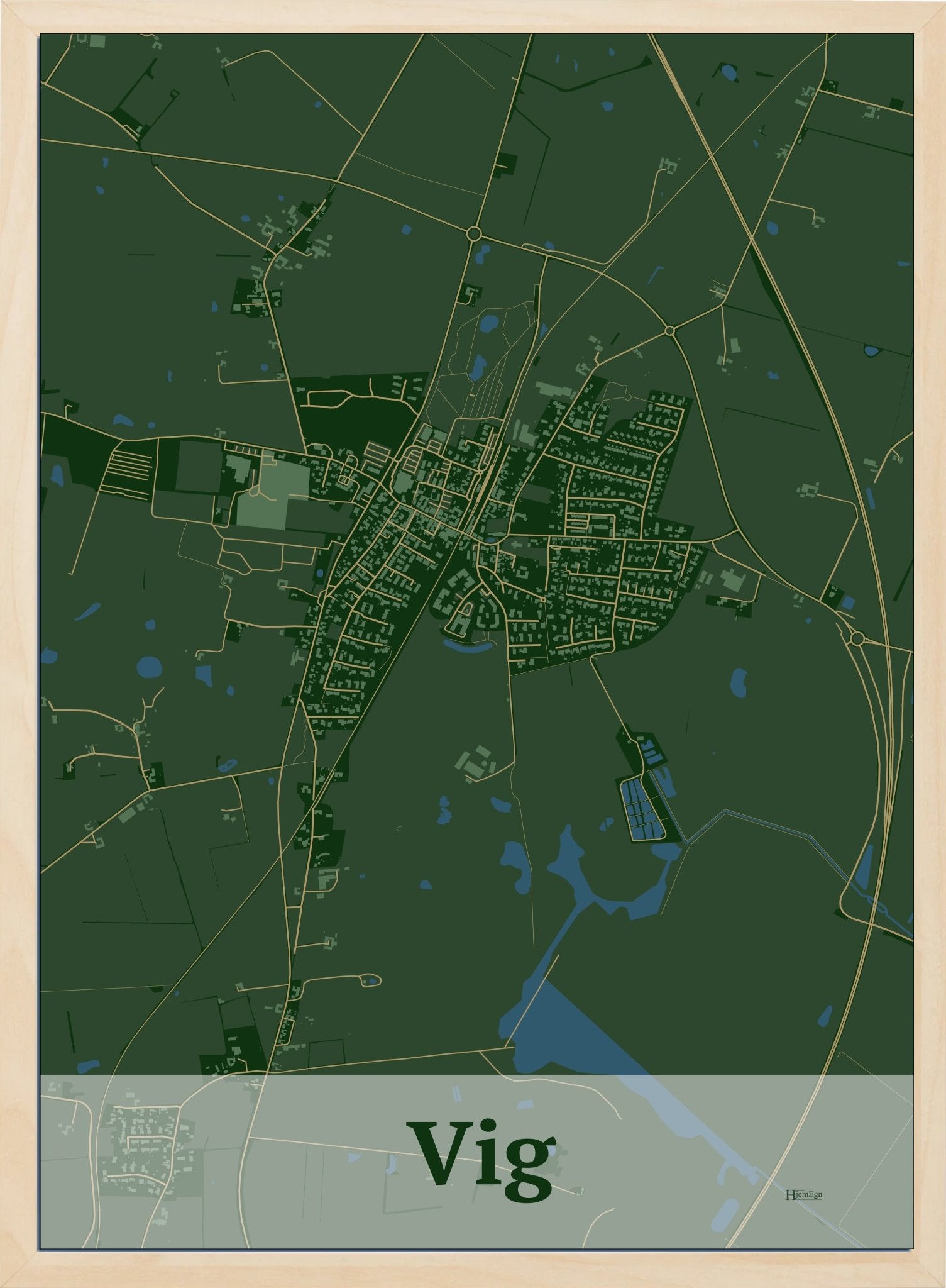 Vig plakat i farve mørk grøn og HjemEgn.dk design firkantet. Design bykort for Vig