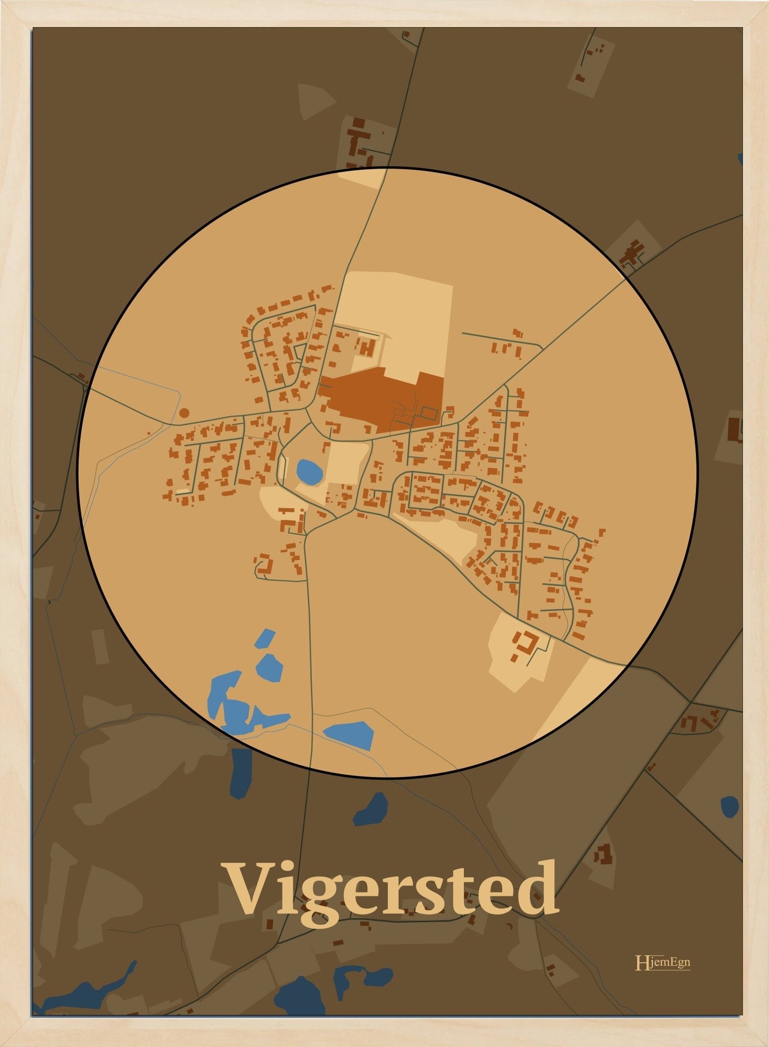 Vigersted plakat i farve pastel brun og HjemEgn.dk design centrum. Design bykort for Vigersted