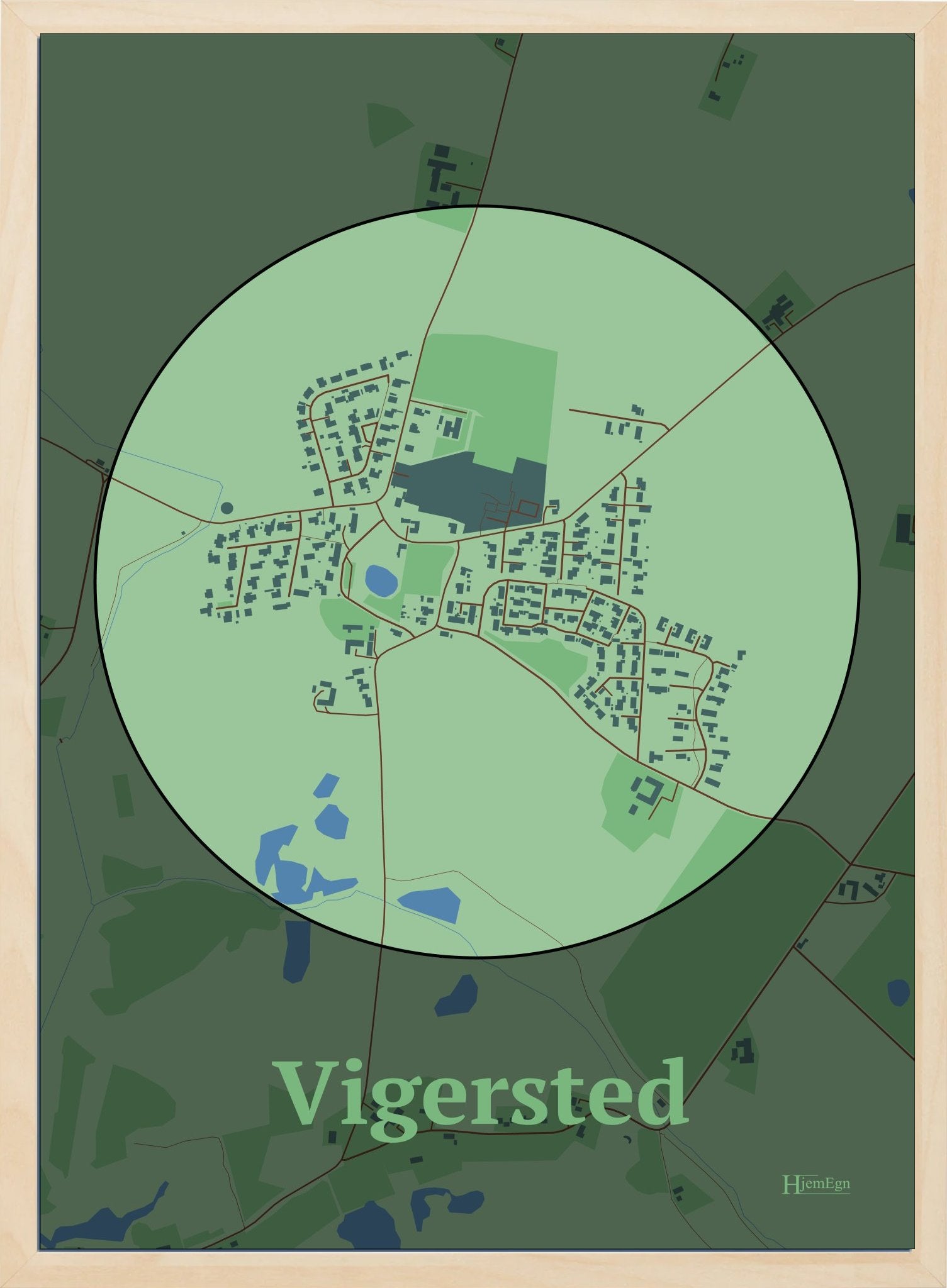 Vigersted plakat i farve pastel grøn og HjemEgn.dk design centrum. Design bykort for Vigersted