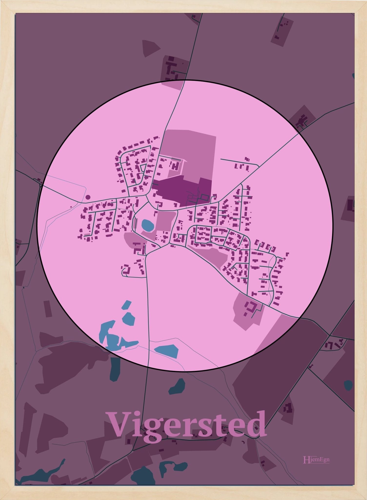 Vigersted plakat i farve pastel rød og HjemEgn.dk design centrum. Design bykort for Vigersted