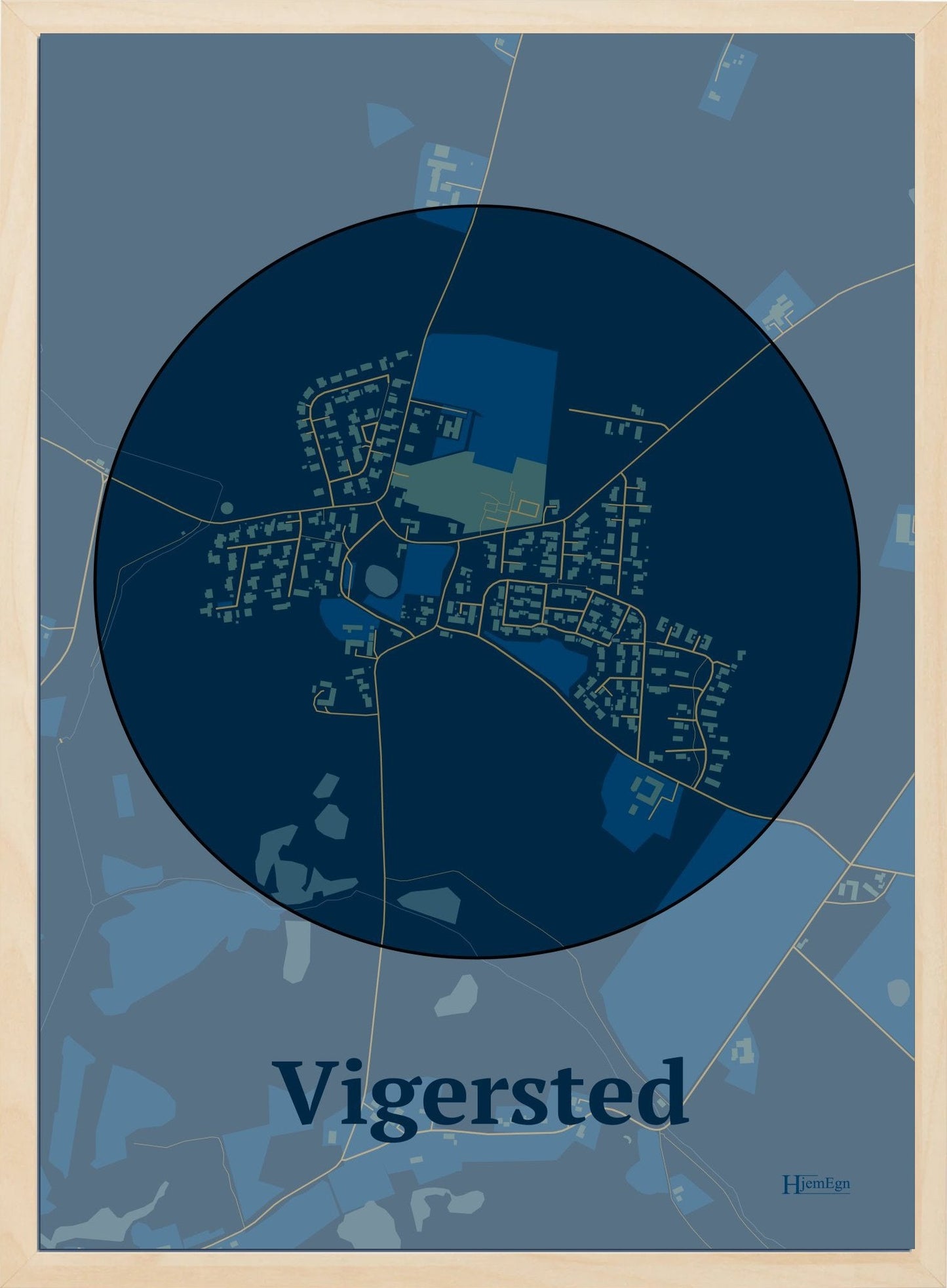 Vigersted plakat i farve mørk blå og HjemEgn.dk design centrum. Design bykort for Vigersted