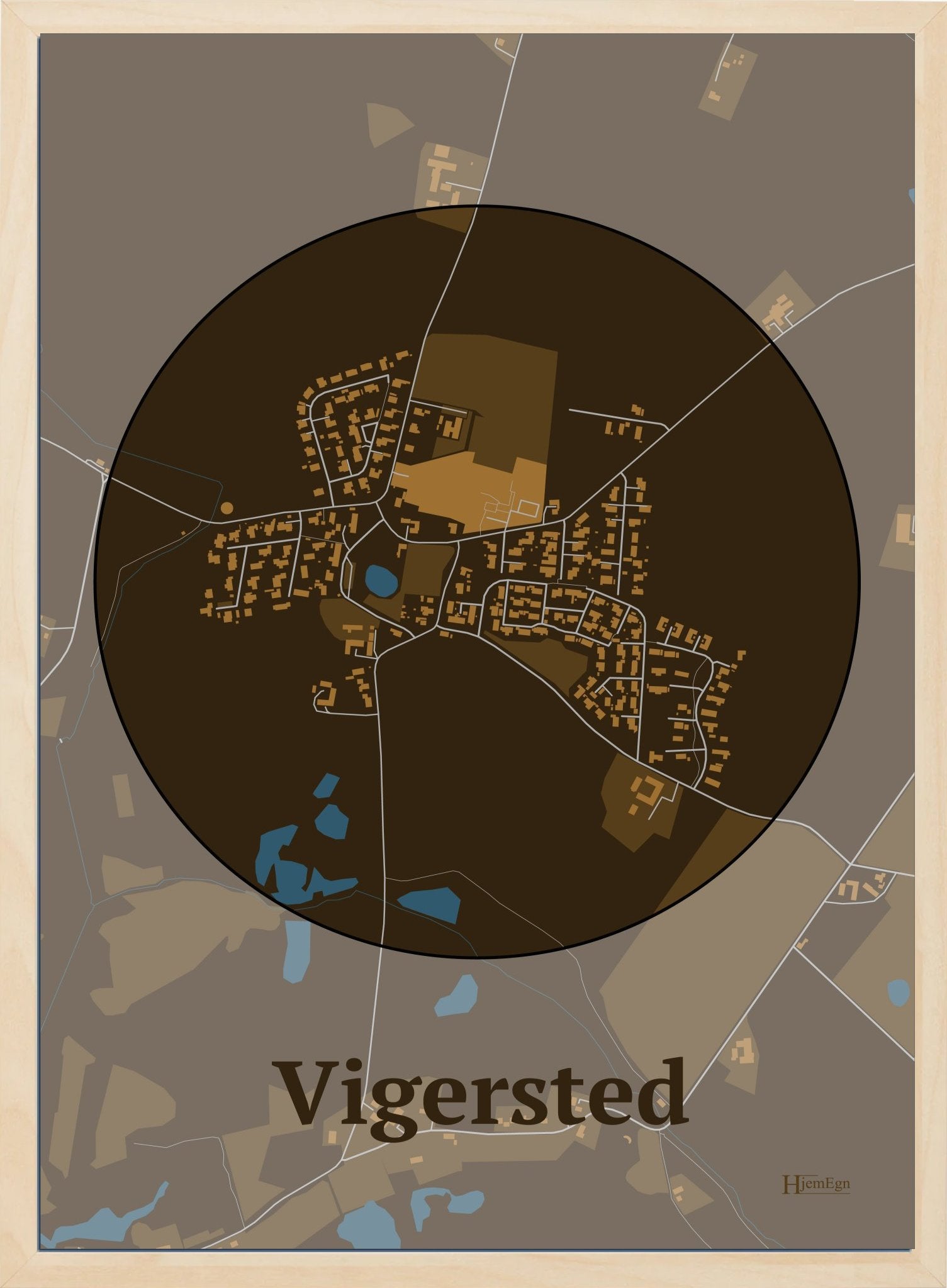 Vigersted plakat i farve mørk brun og HjemEgn.dk design centrum. Design bykort for Vigersted