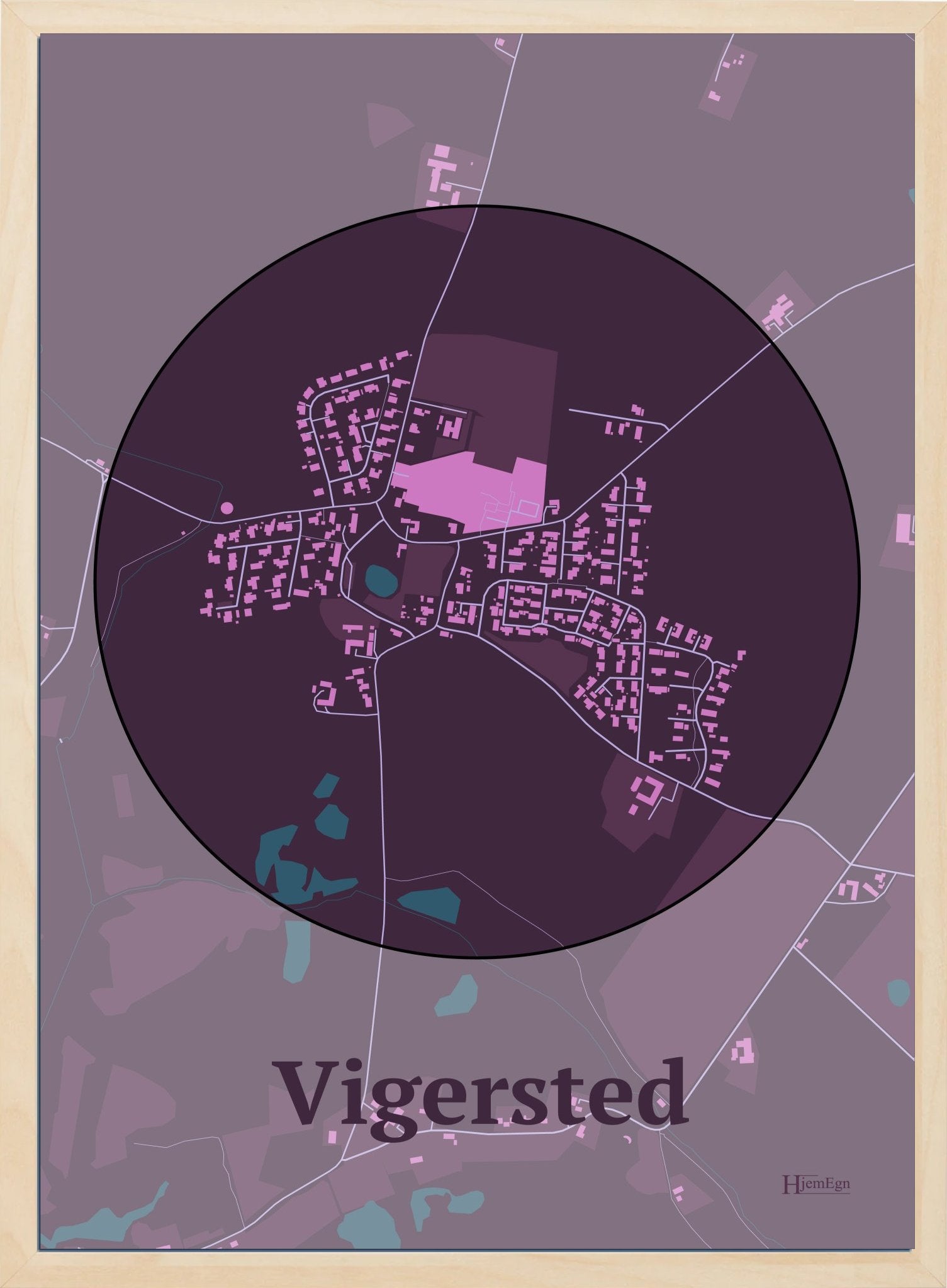 Vigersted plakat i farve mørk rød og HjemEgn.dk design centrum. Design bykort for Vigersted