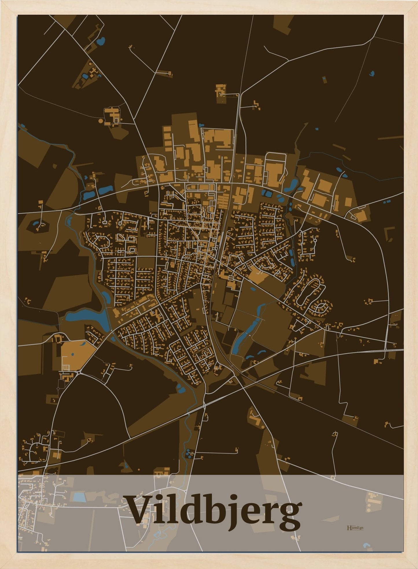 Vildbjerg plakat i farve mørk brun og HjemEgn.dk design firkantet. Design bykort for Vildbjerg