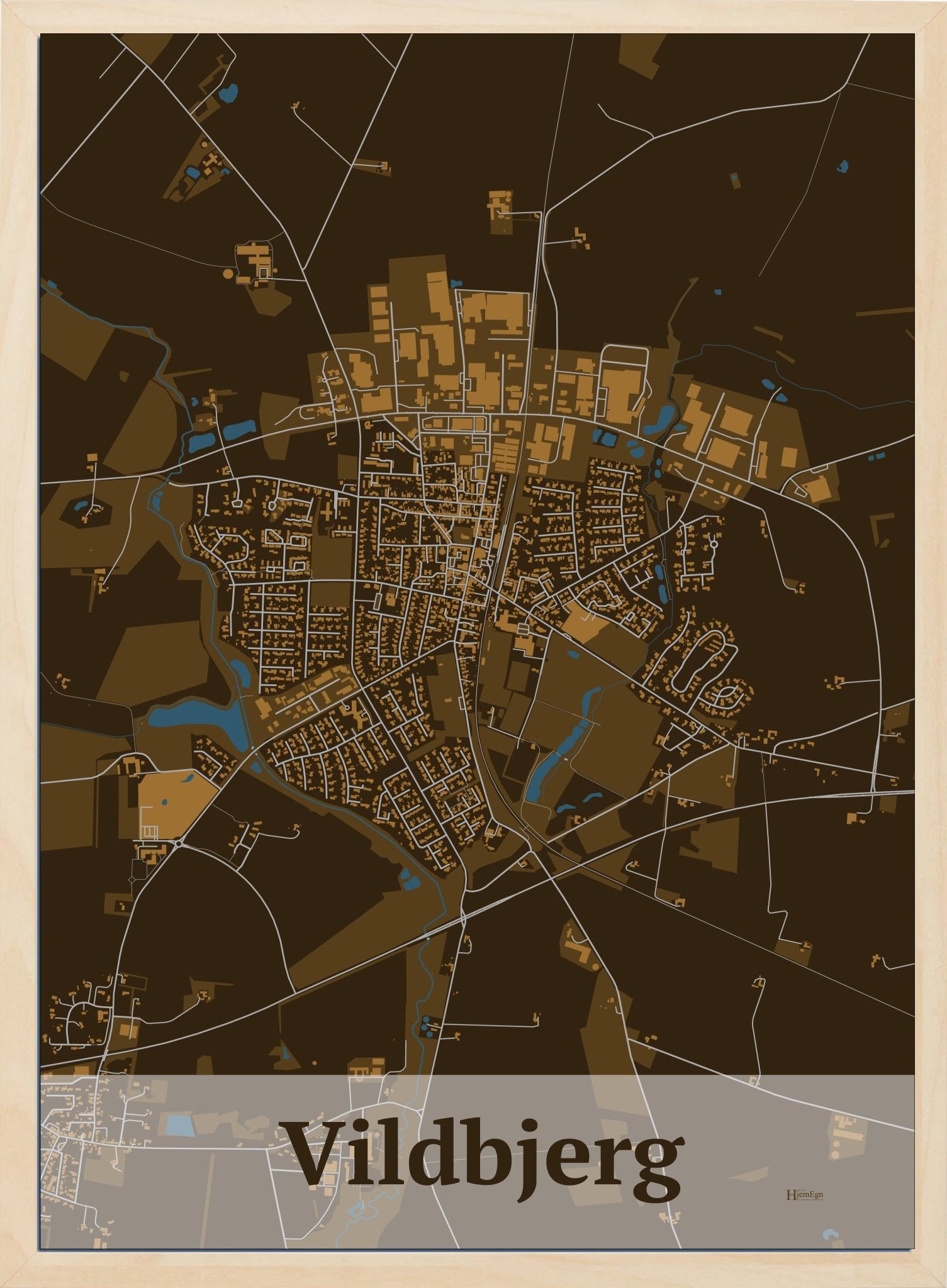 Vildbjerg plakat i farve mørk brun og HjemEgn.dk design firkantet. Design bykort for Vildbjerg