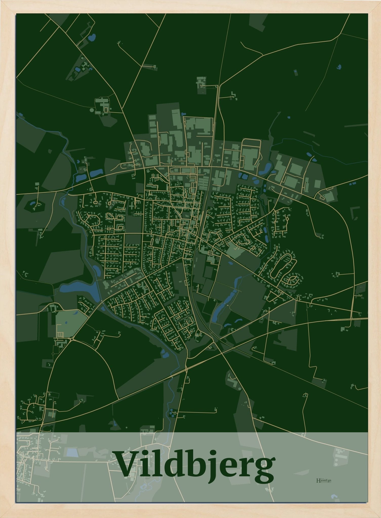 Vildbjerg plakat i farve mørk grøn og HjemEgn.dk design firkantet. Design bykort for Vildbjerg