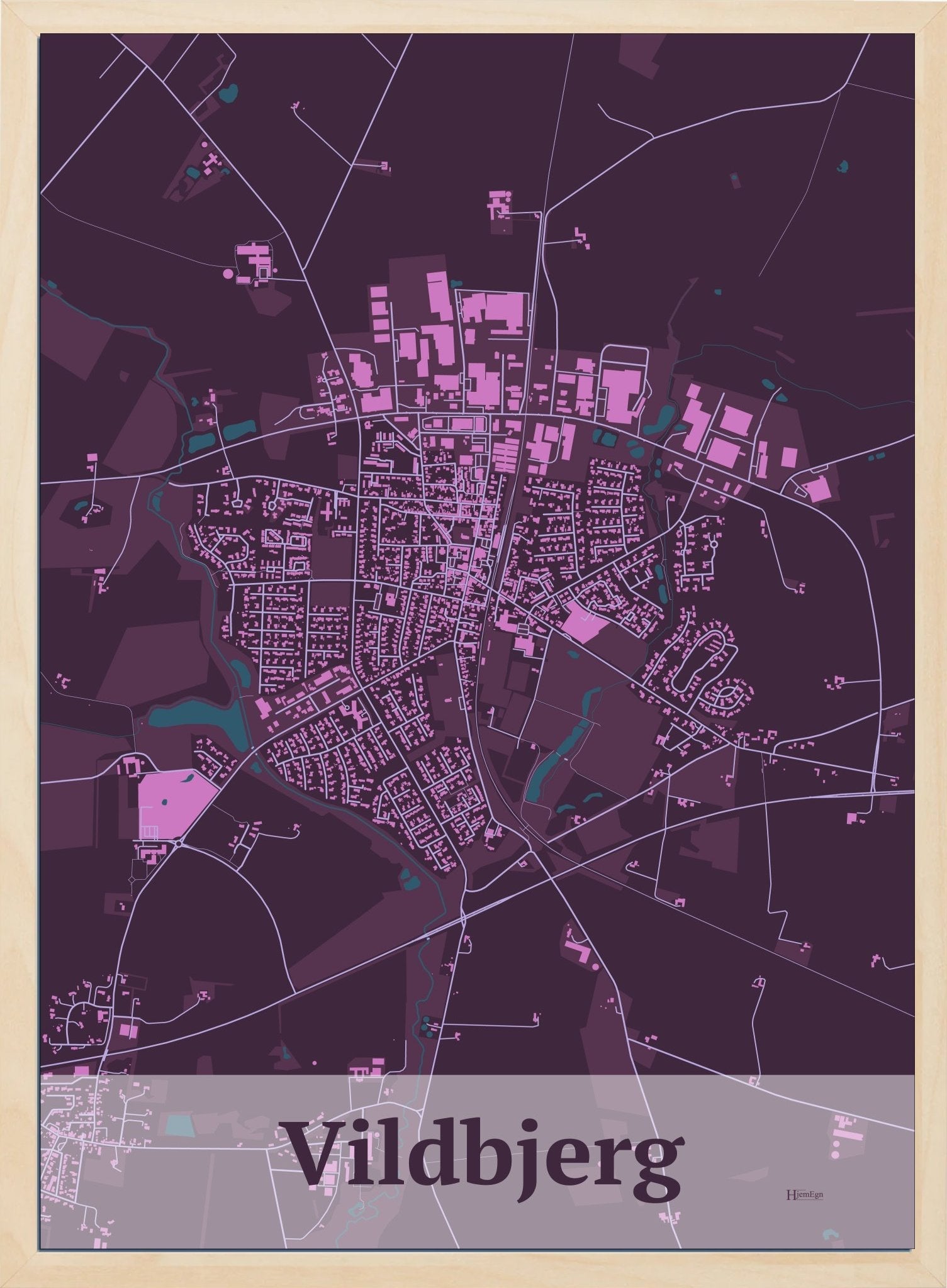 Vildbjerg plakat i farve mørk rød og HjemEgn.dk design firkantet. Design bykort for Vildbjerg