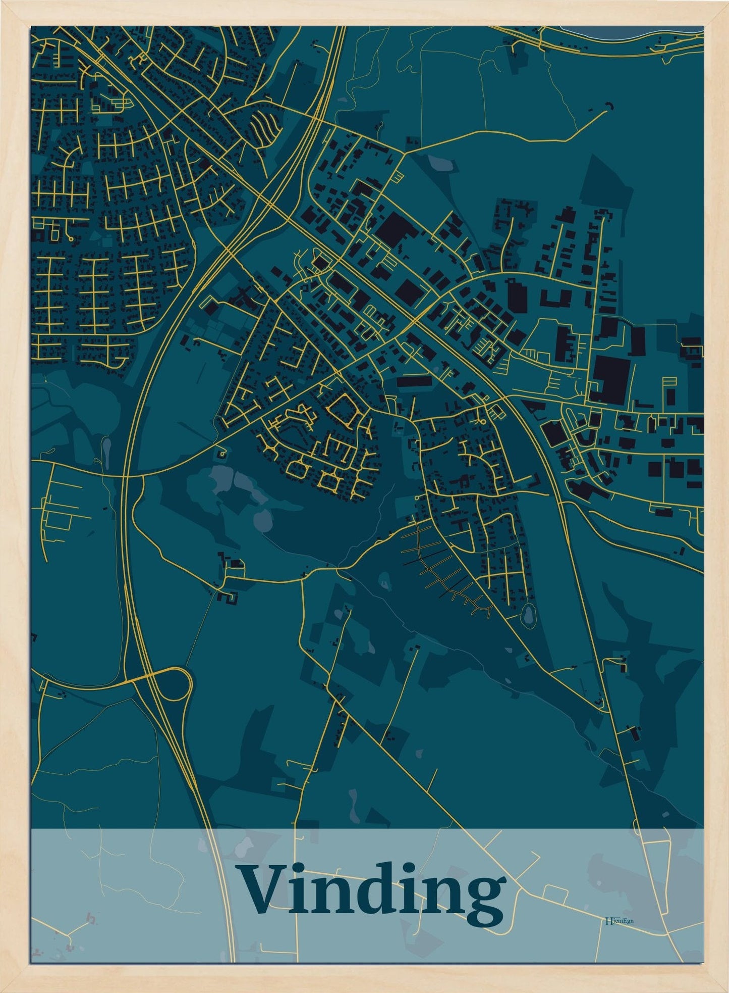 Vinding plakat i farve mørk blå og HjemEgn.dk design firkantet. Design bykort for Vinding