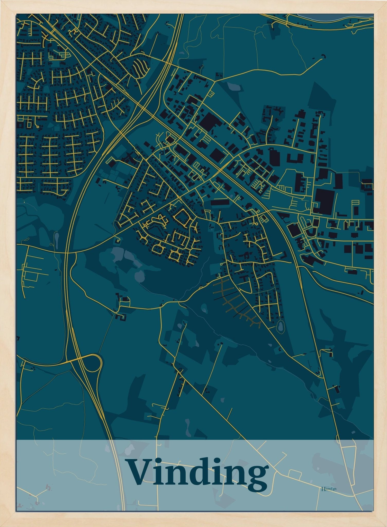 Vinding plakat i farve mørk blå og HjemEgn.dk design firkantet. Design bykort for Vinding