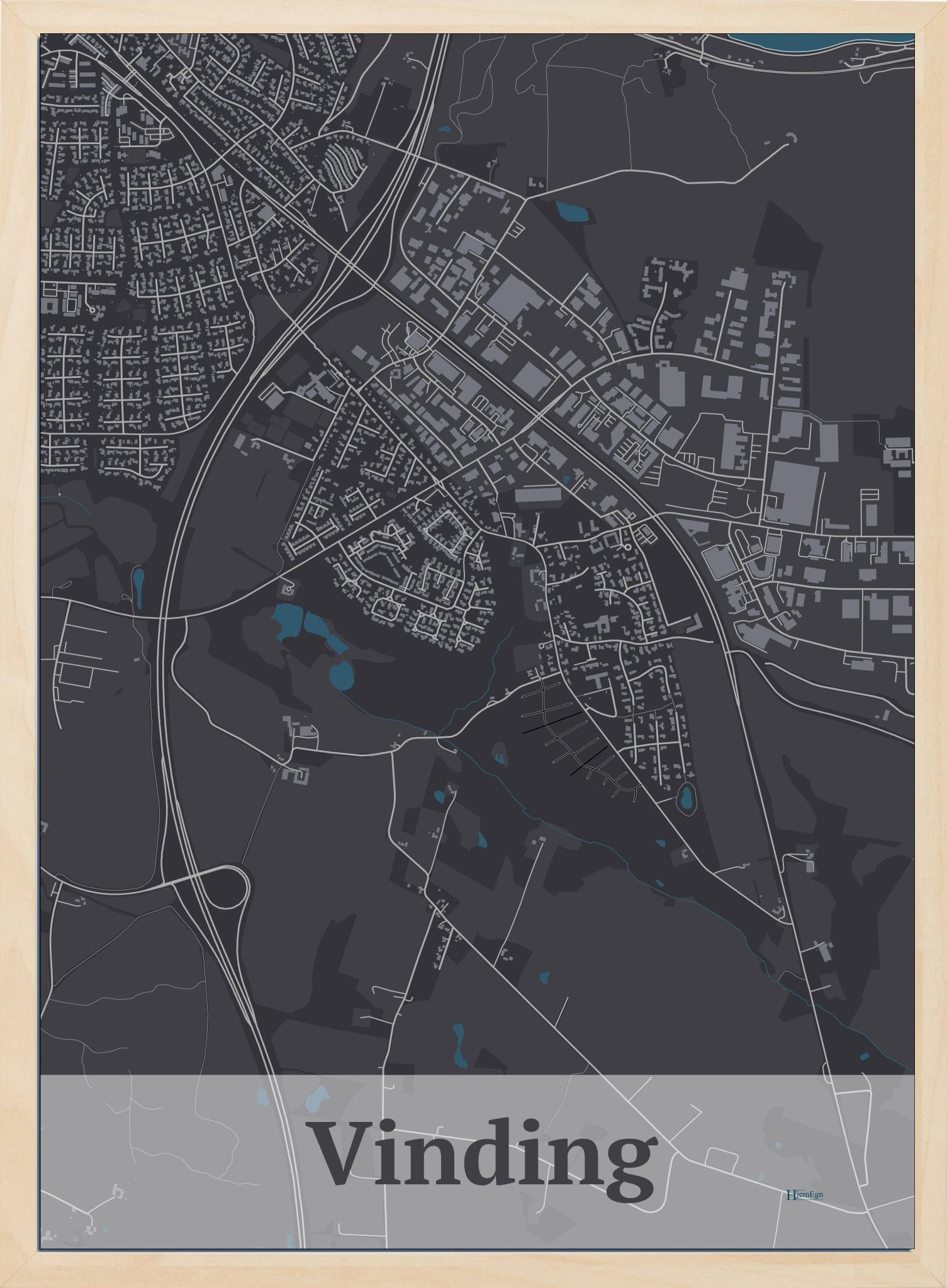Vinding plakat i farve mørk brun og HjemEgn.dk design firkantet. Design bykort for Vinding