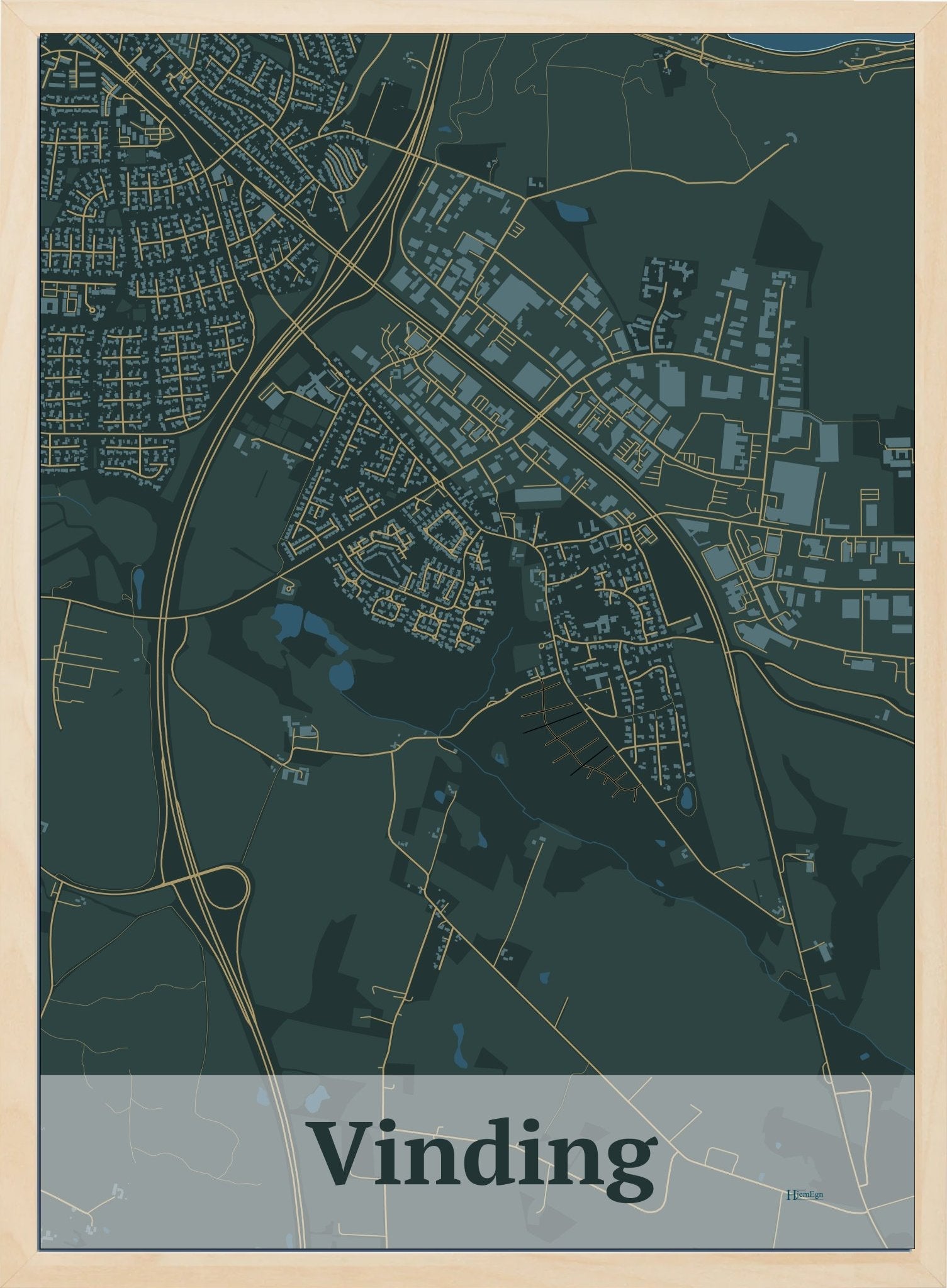 Vinding plakat i farve mørk grøn og HjemEgn.dk design firkantet. Design bykort for Vinding