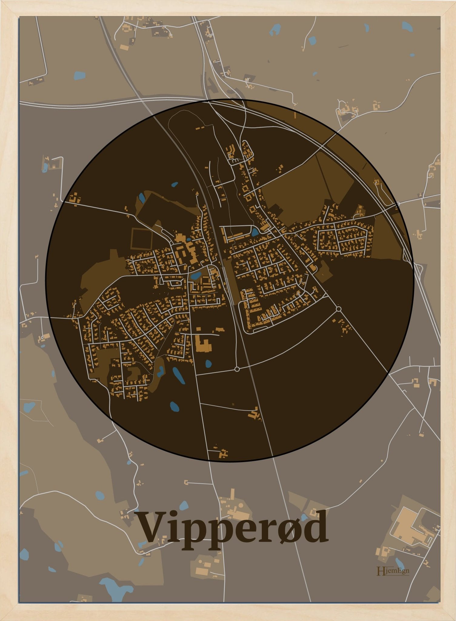 Vipperød plakat i farve mørk brun og HjemEgn.dk design centrum. Design bykort for Vipperød