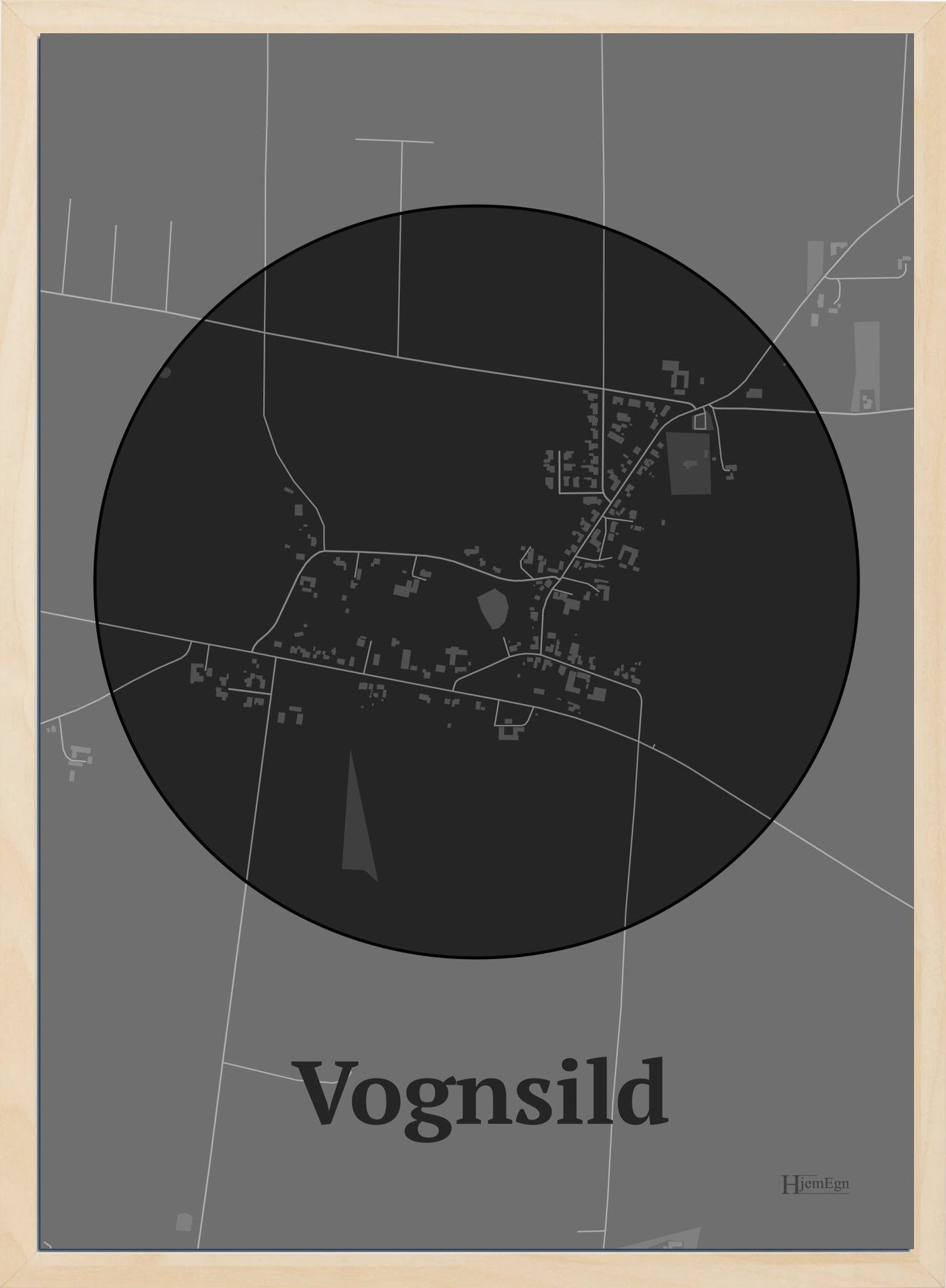 Vognsild plakat i farve mørk grå og HjemEgn.dk design centrum. Design bykort for Vognsild