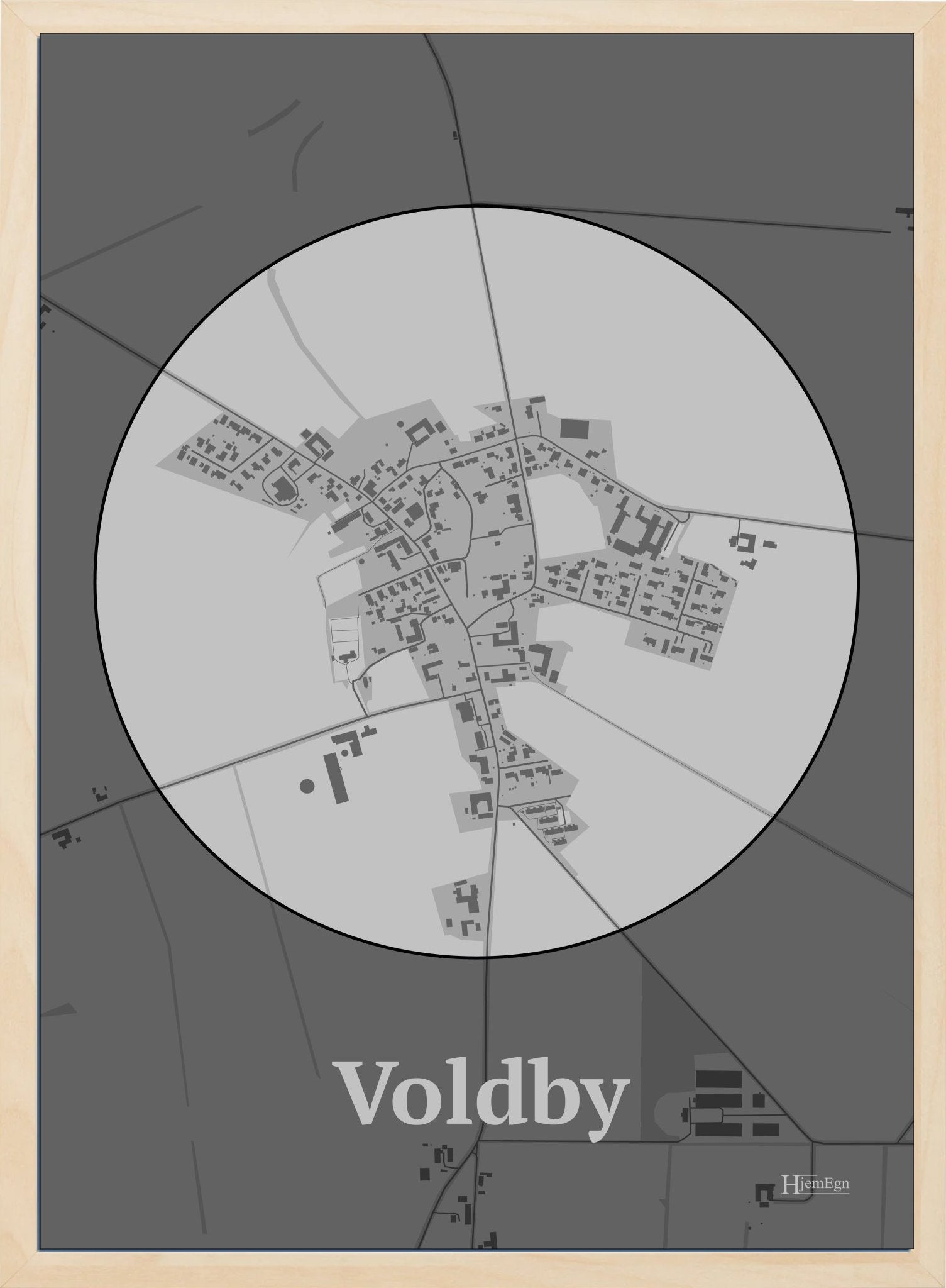 Voldby plakat i farve pastel grå og HjemEgn.dk design centrum. Design bykort for Voldby
