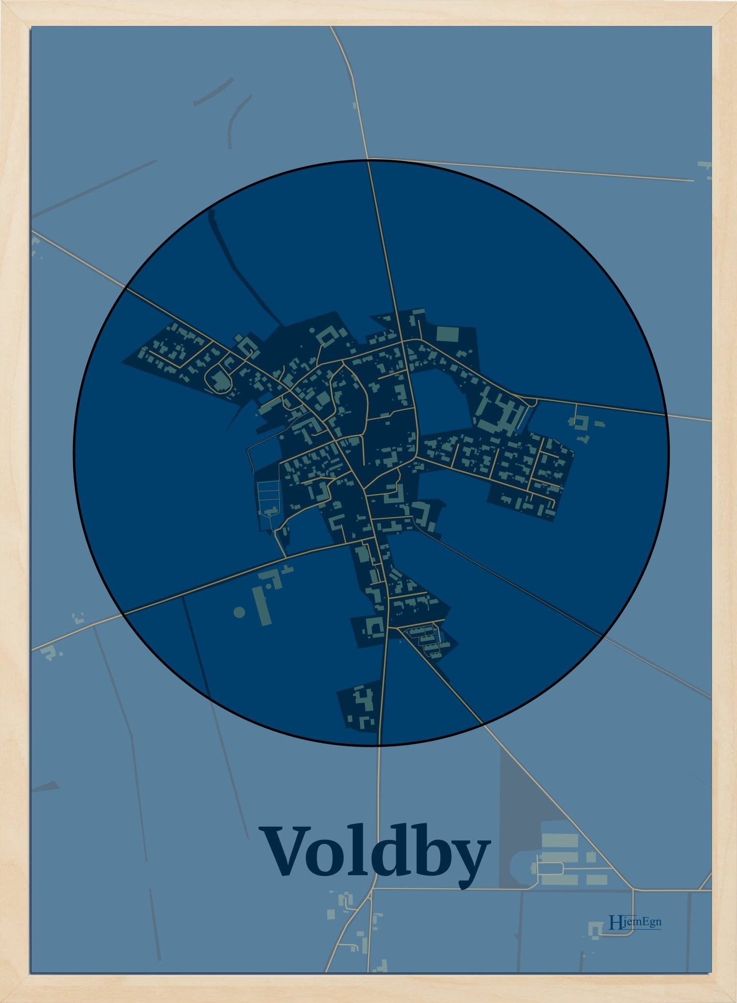 Voldby plakat i farve mørk blå og HjemEgn.dk design centrum. Design bykort for Voldby