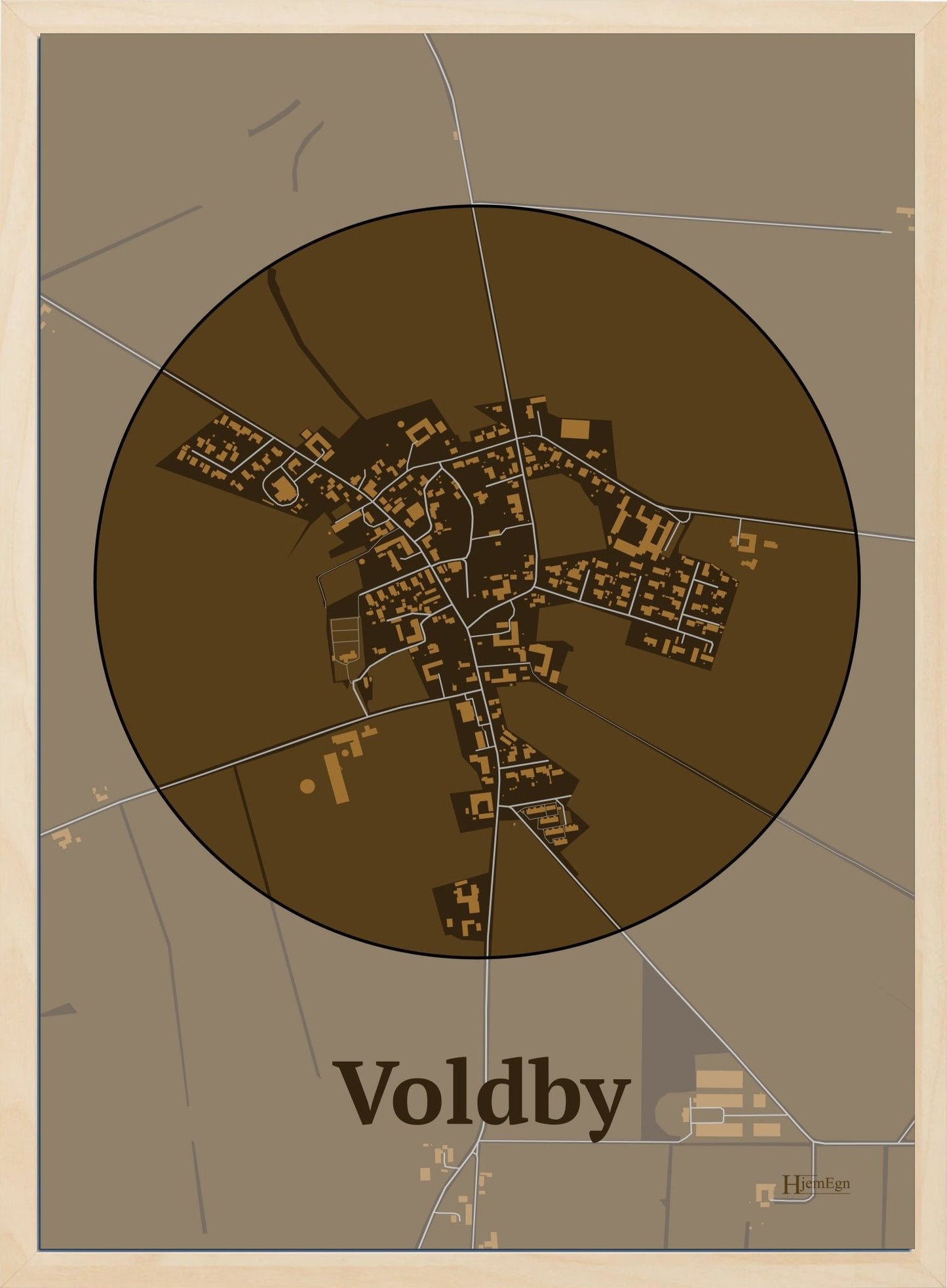 Voldby plakat i farve mørk brun og HjemEgn.dk design centrum. Design bykort for Voldby