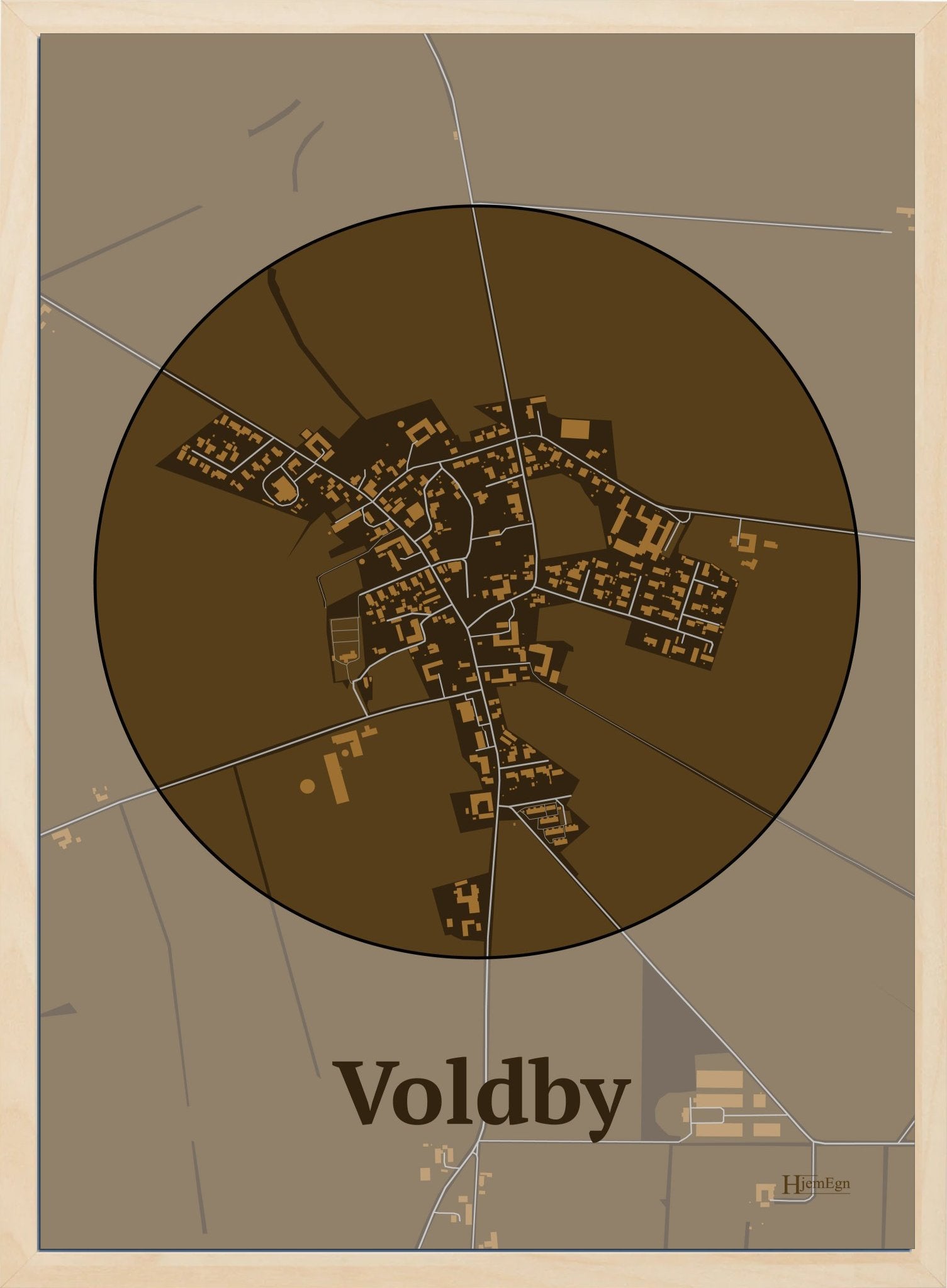 Voldby plakat i farve mørk brun og HjemEgn.dk design centrum. Design bykort for Voldby