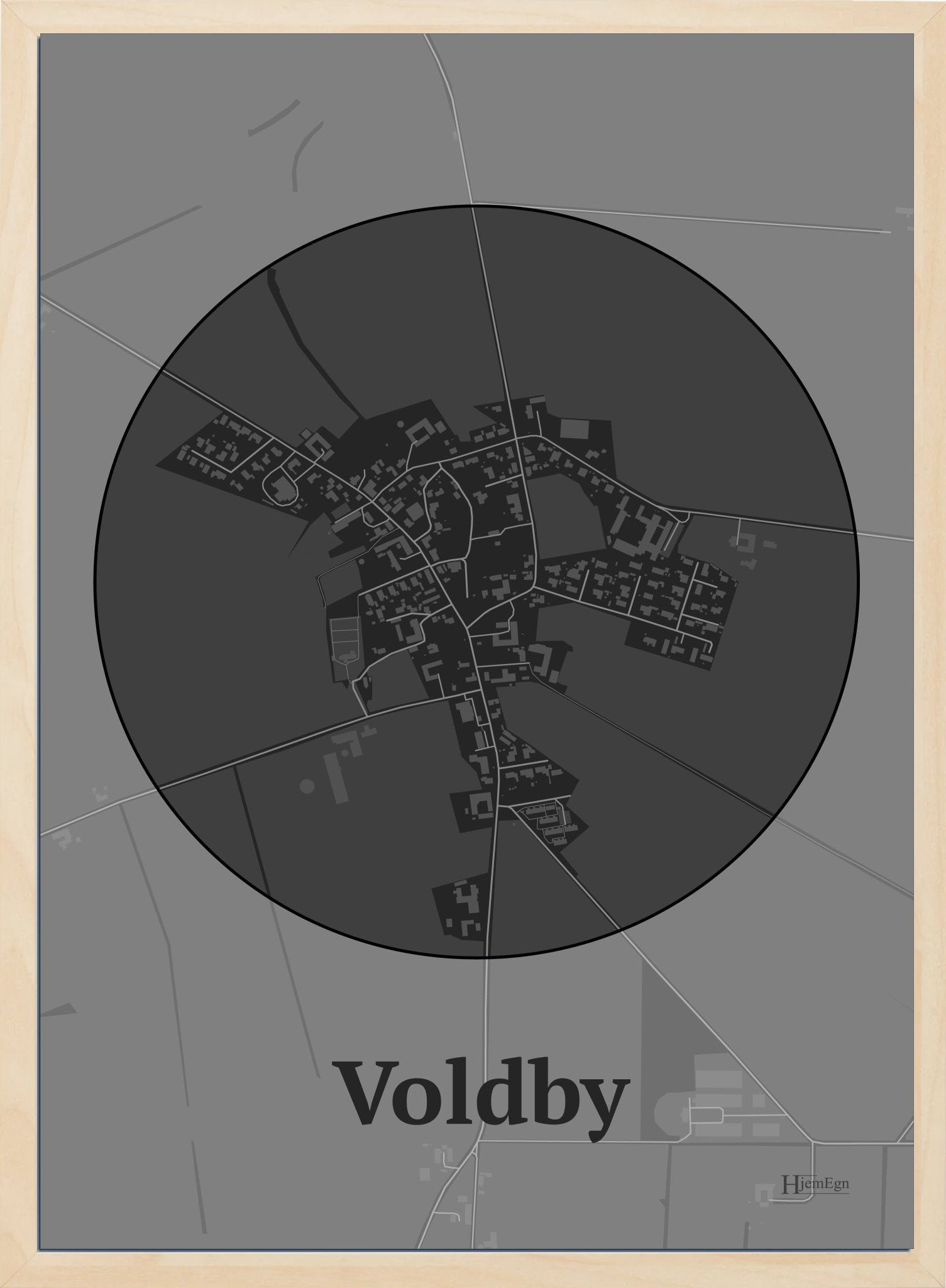 Voldby plakat i farve mørk grå og HjemEgn.dk design centrum. Design bykort for Voldby
