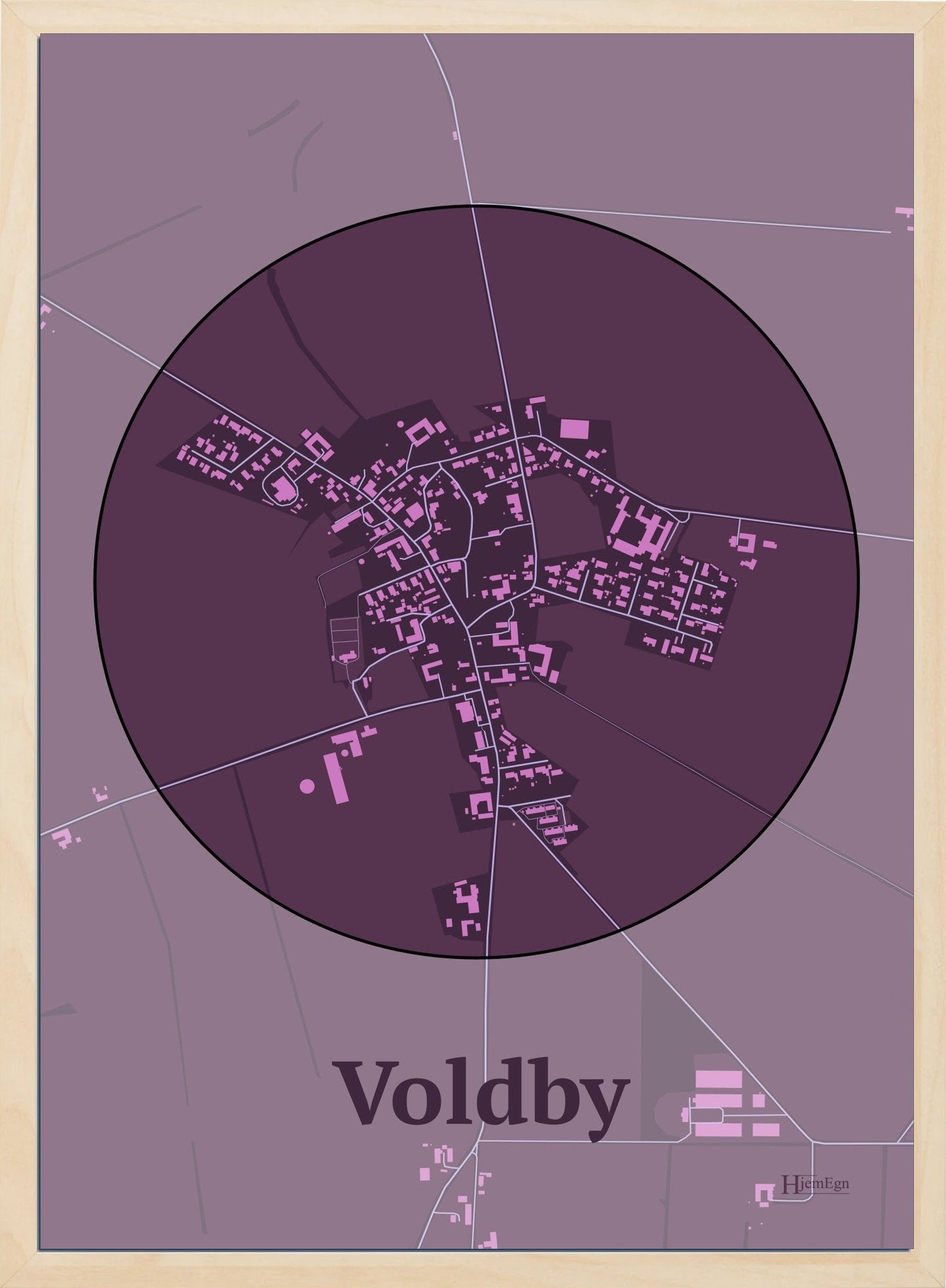 Voldby plakat i farve mørk rød og HjemEgn.dk design centrum. Design bykort for Voldby