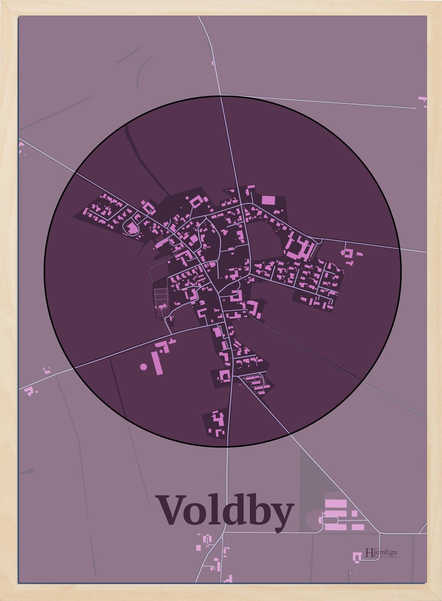 Voldby plakat i farve mørk rød og HjemEgn.dk design centrum. Design bykort for Voldby