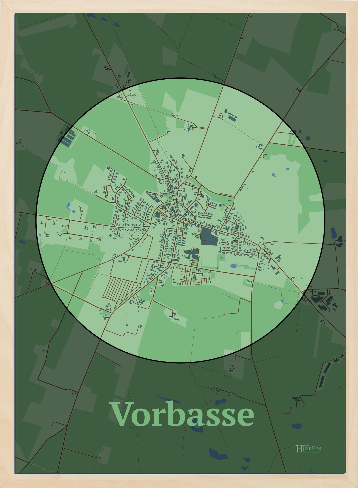 Vorbasse plakat i farve pastel grøn og HjemEgn.dk design centrum. Design bykort for Vorbasse