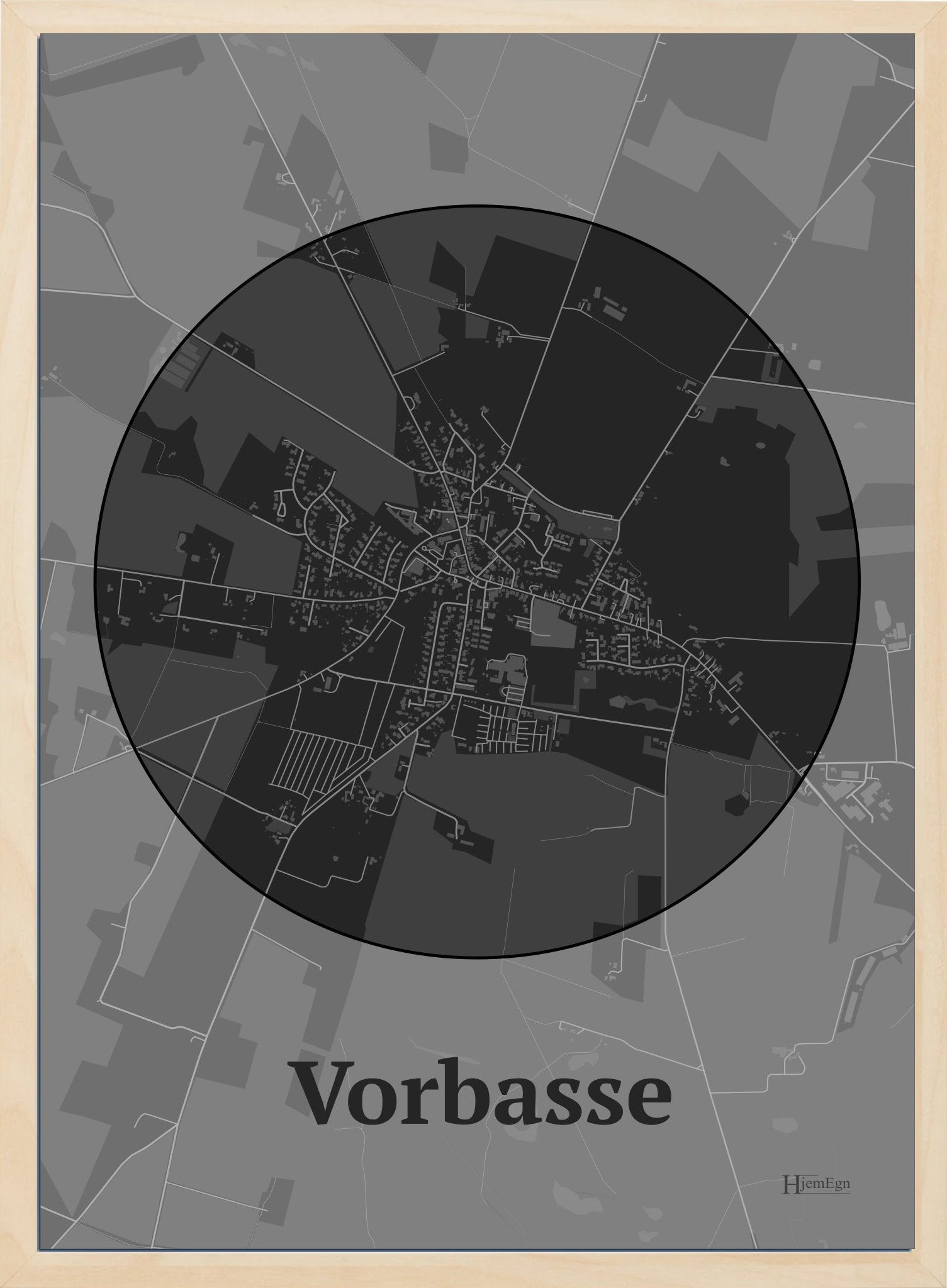 Vorbasse plakat i farve mørk grå og HjemEgn.dk design centrum. Design bykort for Vorbasse