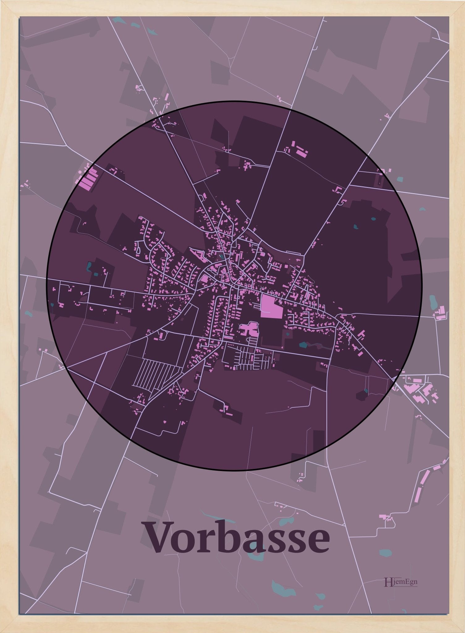 Vorbasse plakat i farve mørk rød og HjemEgn.dk design centrum. Design bykort for Vorbasse