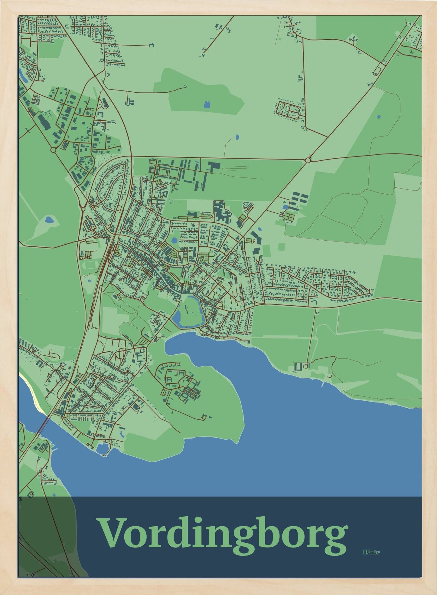 Vordingborg plakat i farve pastel grøn og HjemEgn.dk design firkantet. Design bykort for Vordingborg